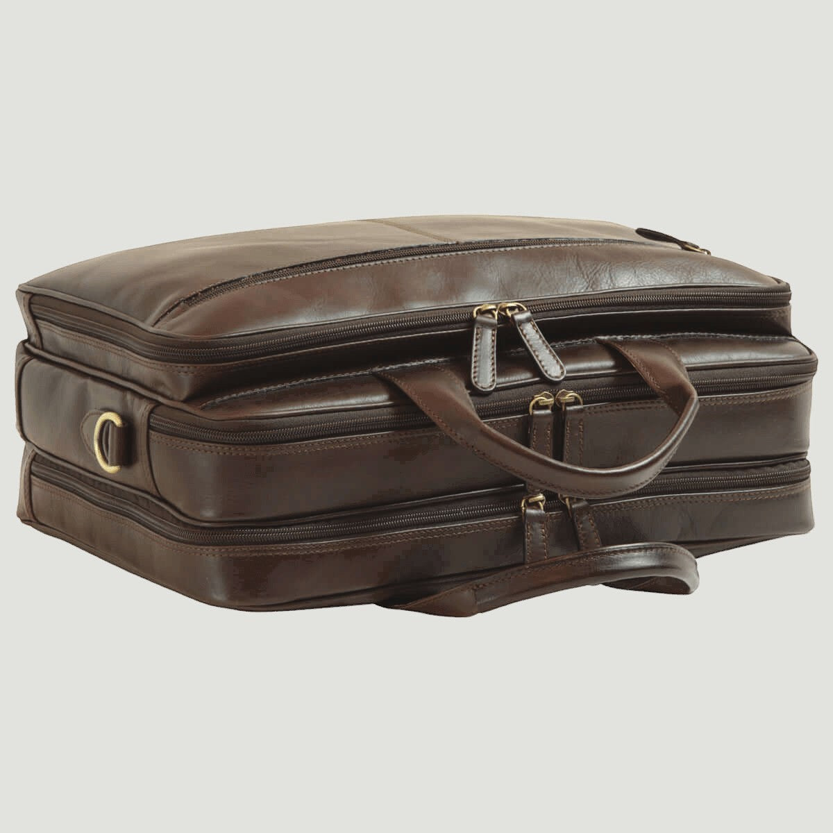 Borsa da laptop uomo in pelle marrone scuro, profilo sagomato con zip anteriori