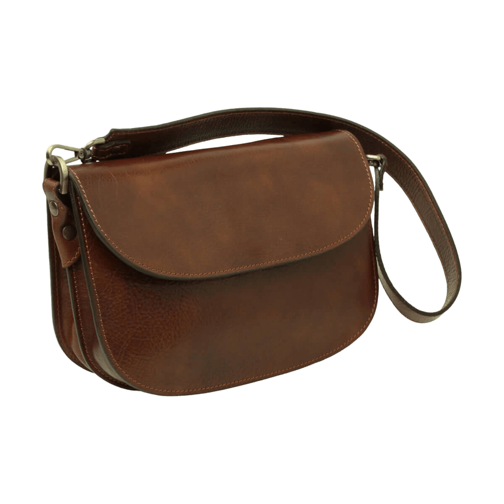 Borsa a tracolla marrone in vitello pieno fiore con tracolla e patta