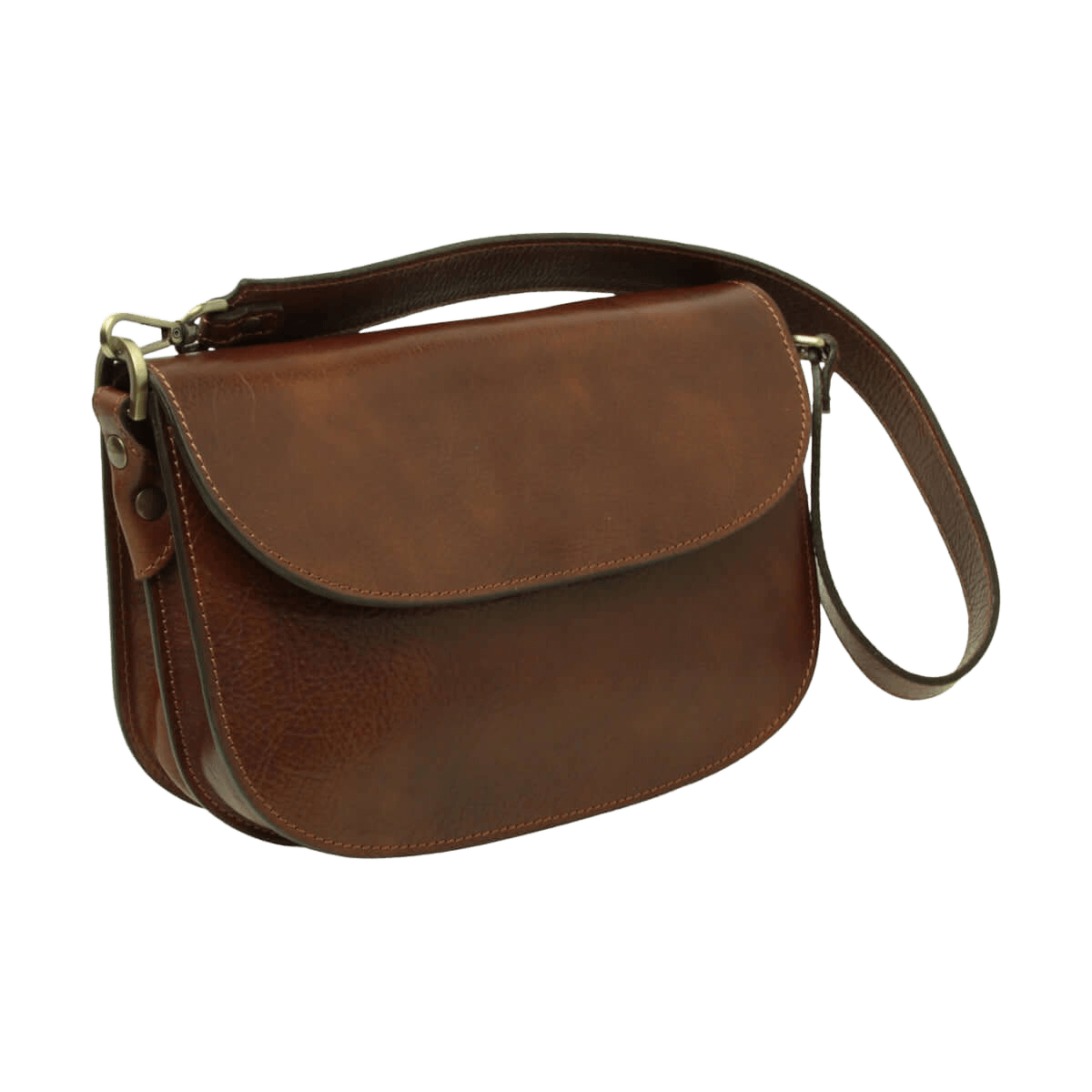 Borsa a tracolla marrone in vitello pieno fiore con tracolla e patta