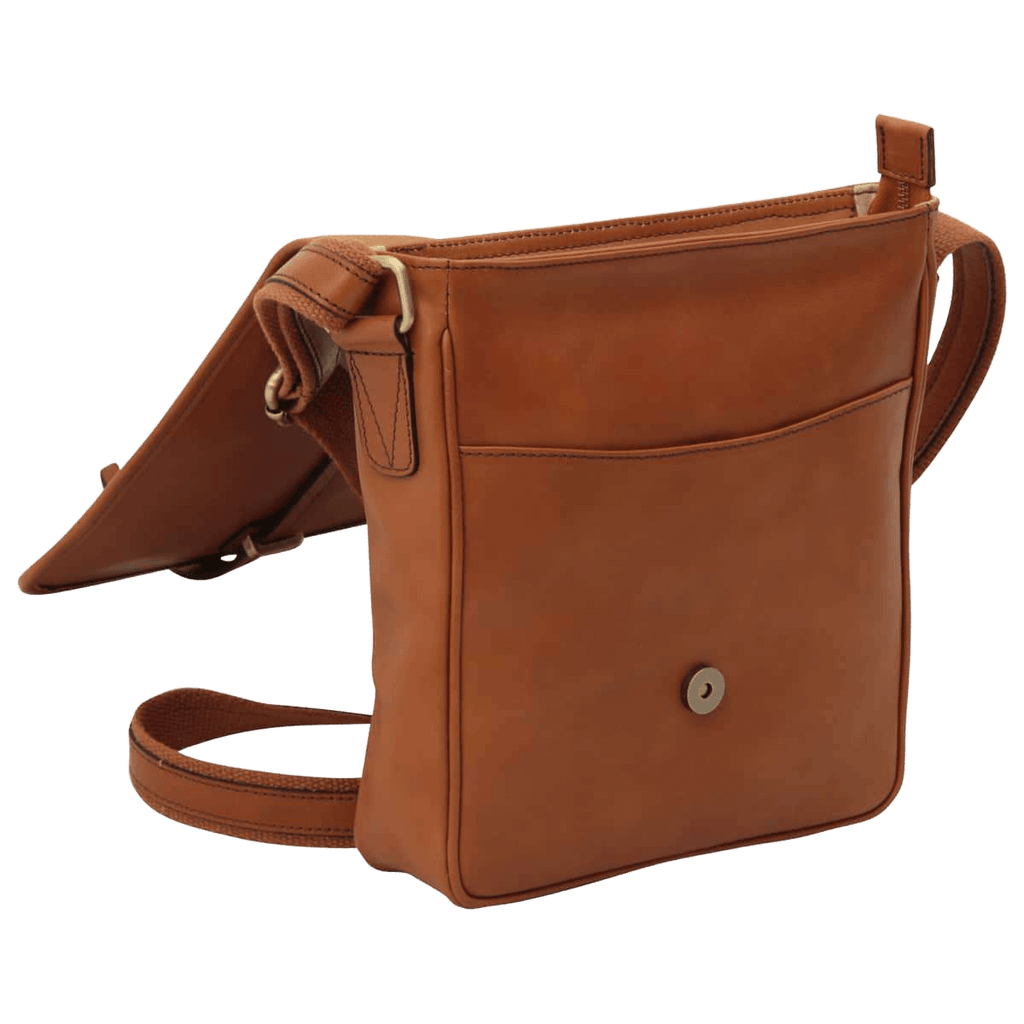 Borsa messenger marrone con patta laterale, tracolla e chiusura magnetica