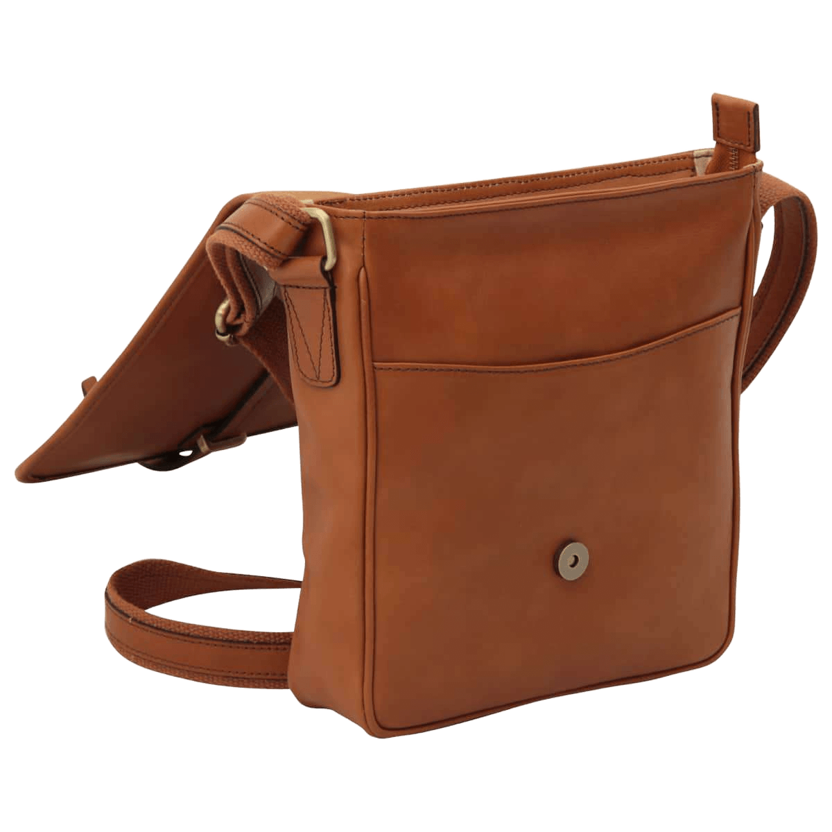 Borsa messenger marrone con patta laterale, tracolla e chiusura magnetica
