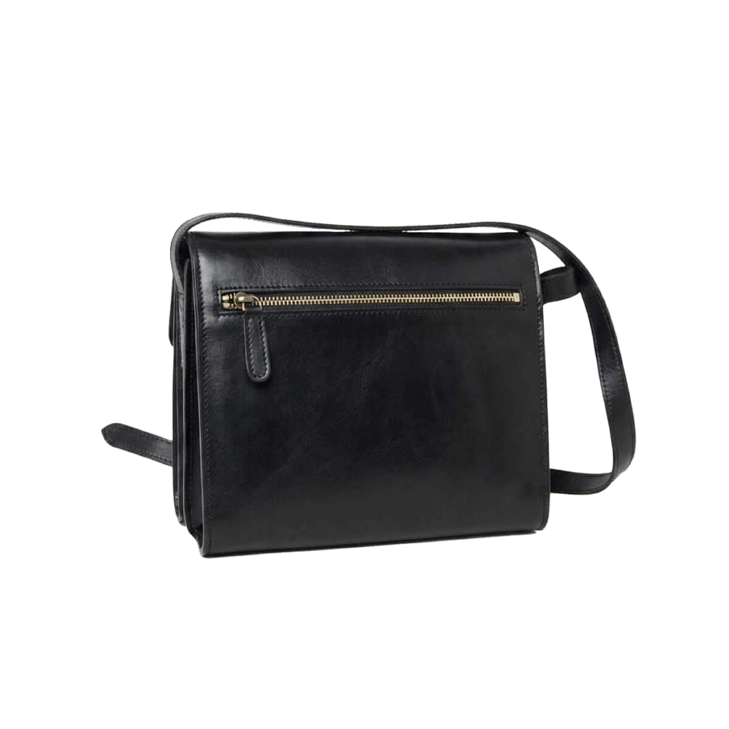Borsa a tracolla nera in pelle con zip dorata sotto la pattina