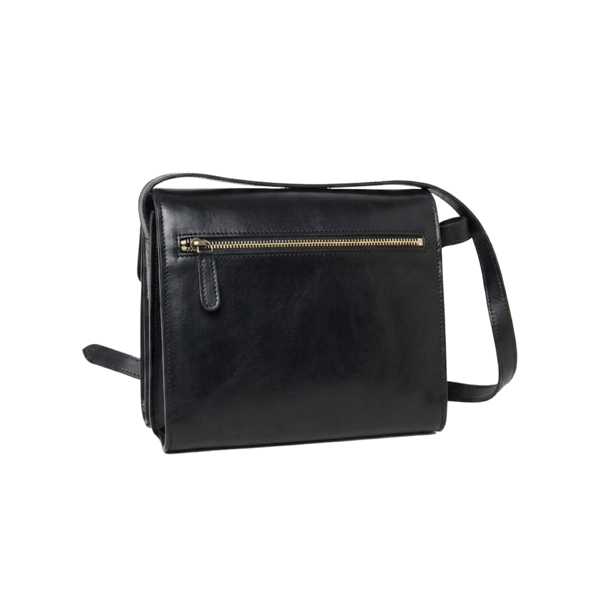 Borsa a tracolla nera in pelle con zip dorata sotto la pattina