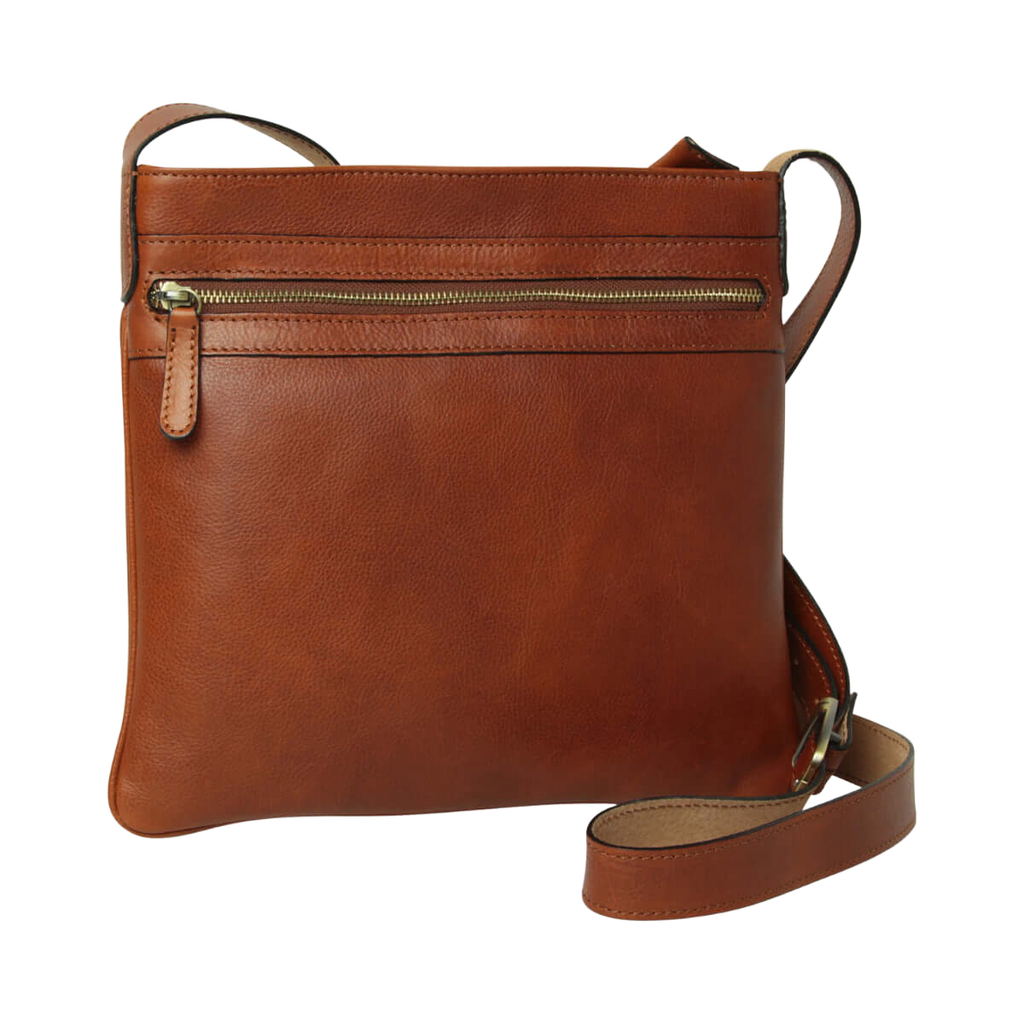 Borsa a tracolla in pelle color teak con zip frontale e tracolla