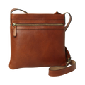 Borsa a tracolla in pelle color teak con zip frontale e tracolla
