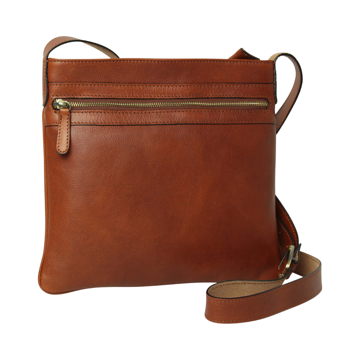 Borsa a tracolla in pelle color teak con zip frontale e tracolla