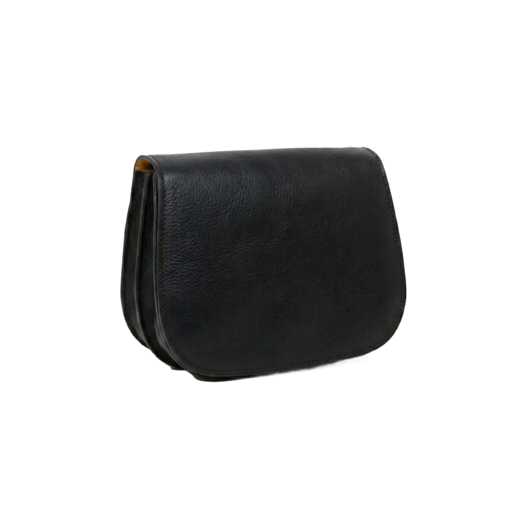 Borsa a tracolla nera in pelle con patta e forma arrotondata