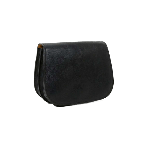 Borsa a tracolla nera in pelle con patta e forma arrotondata
