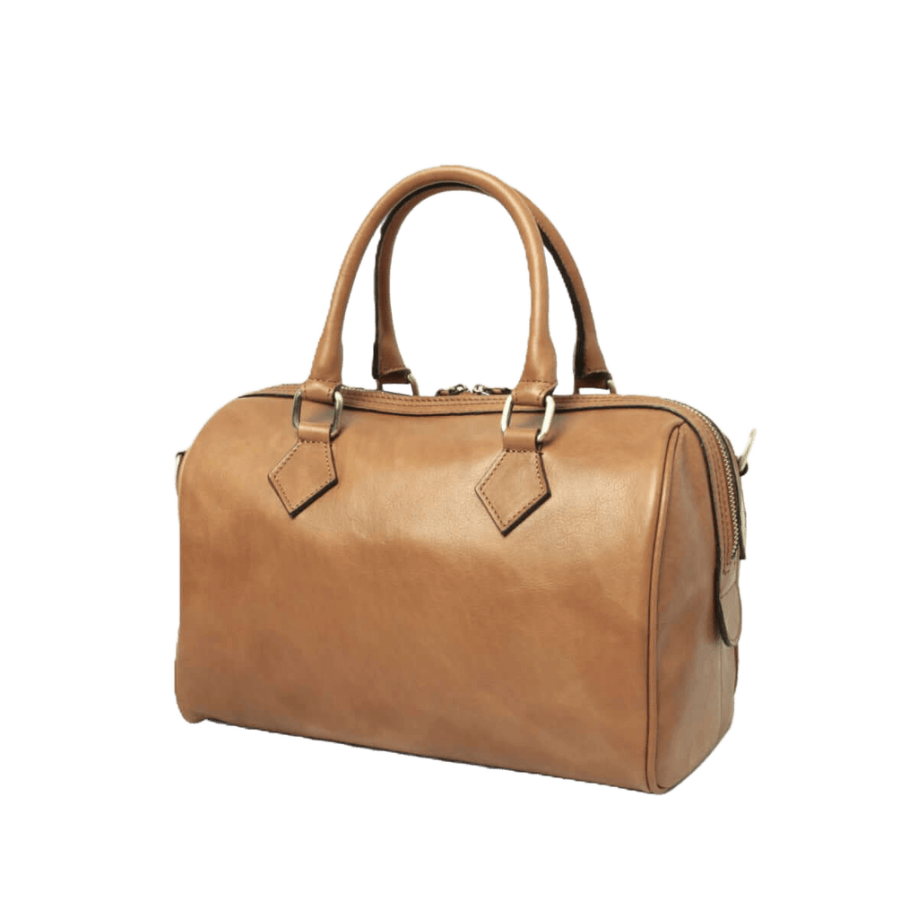 Bauletto in pelle color cuoio con due manici e dettagli laterali con zip