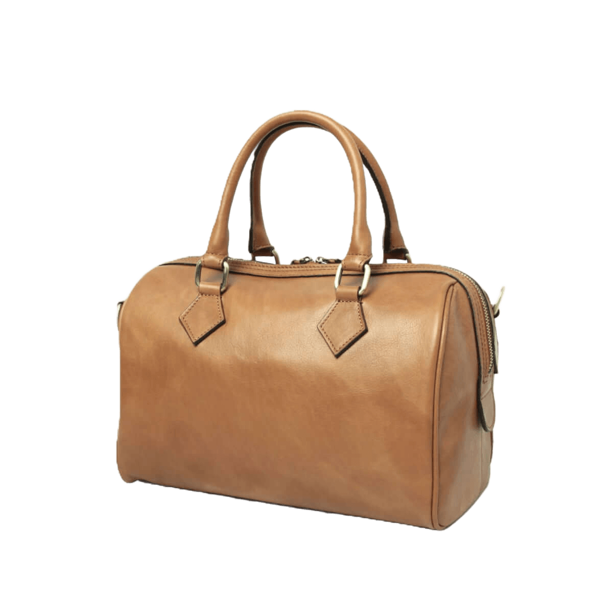 Bauletto in pelle color cuoio con due manici e dettagli laterali con zip
