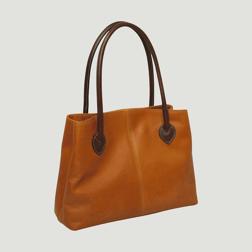 Borsa tote in pelle giallo ocra con due manici e inserti marroni
