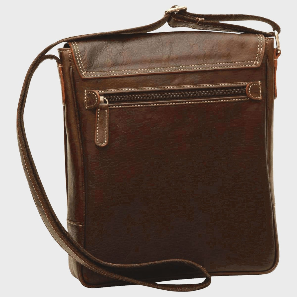 Borsa in pelle marrone scuro per iPad con tracolla, tasca frontale con zip e patta