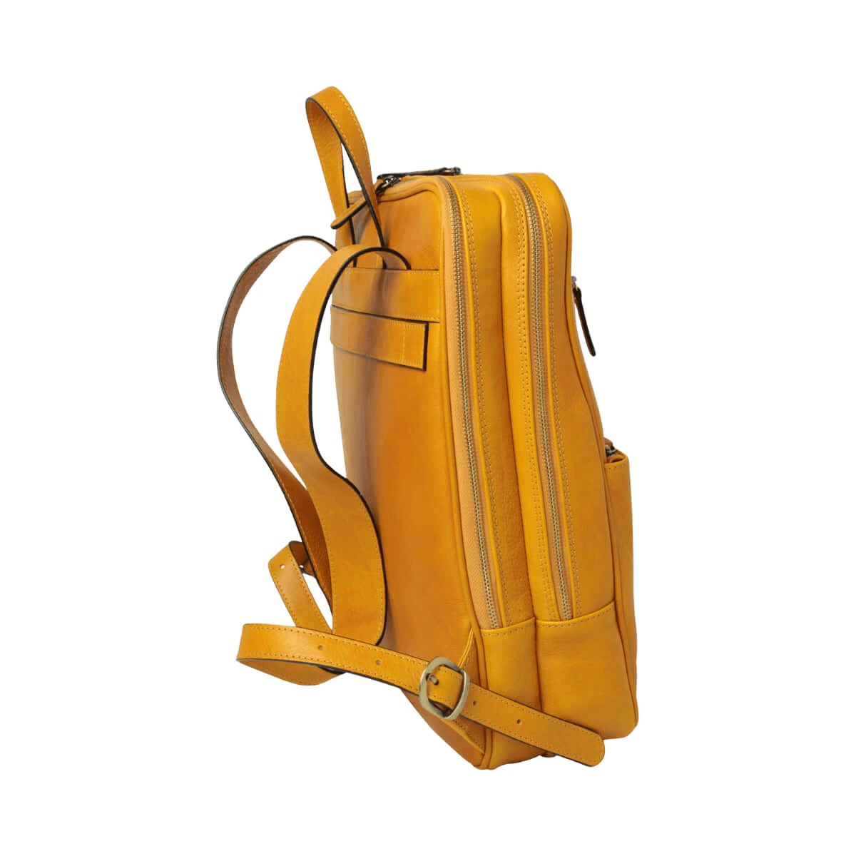 Zaino in pelle giallo ocra con schienale imbottito e tasche laterali