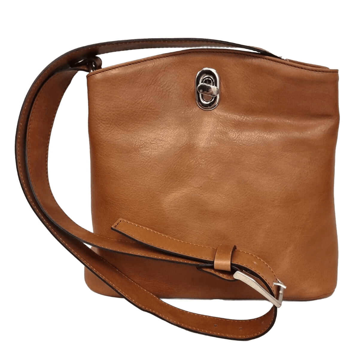 Borsa a secchiello in pelle color cuoio, chiusura metallica e tracolla regolabile