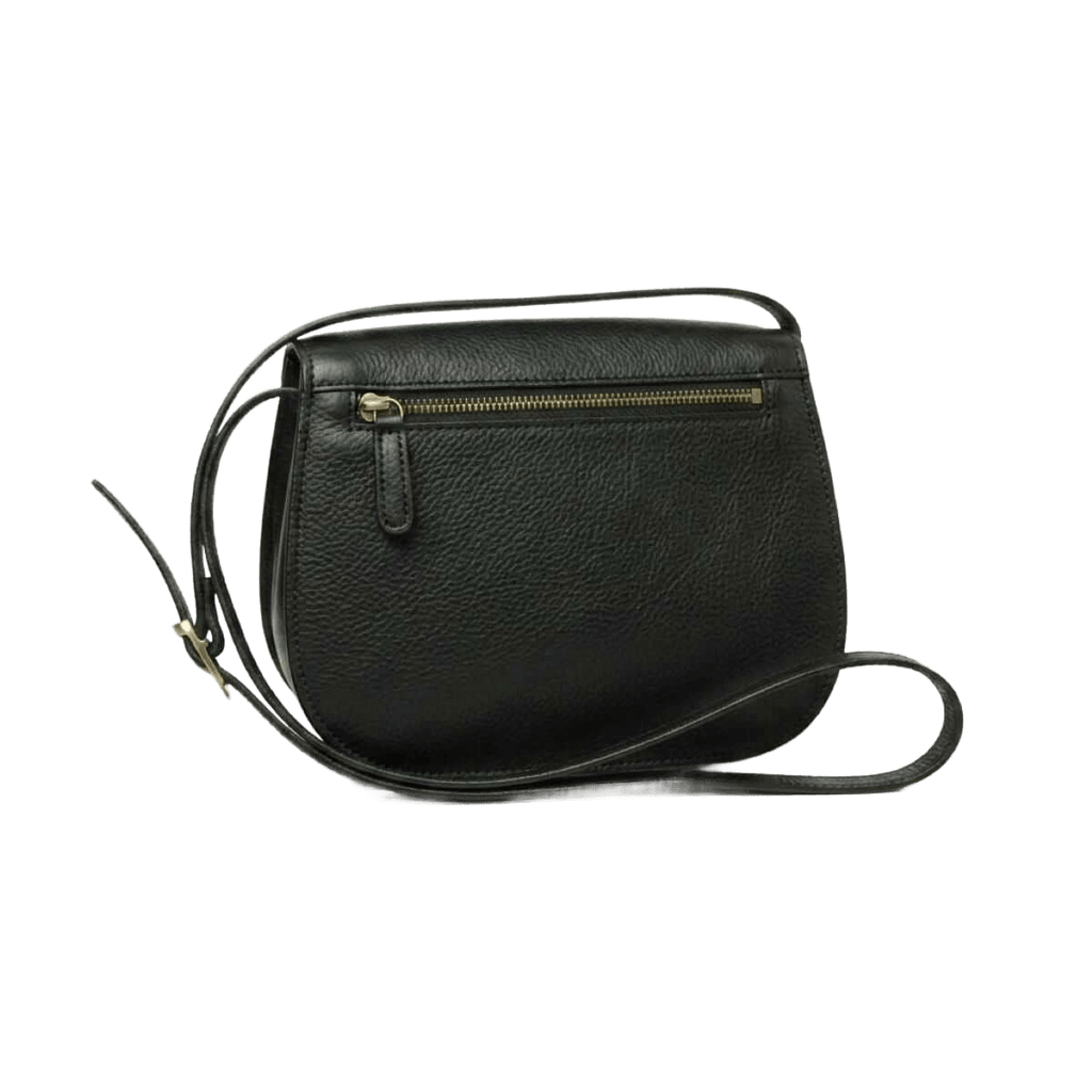 Borsa nera in pelle con zip frontale e tracolla lunga
