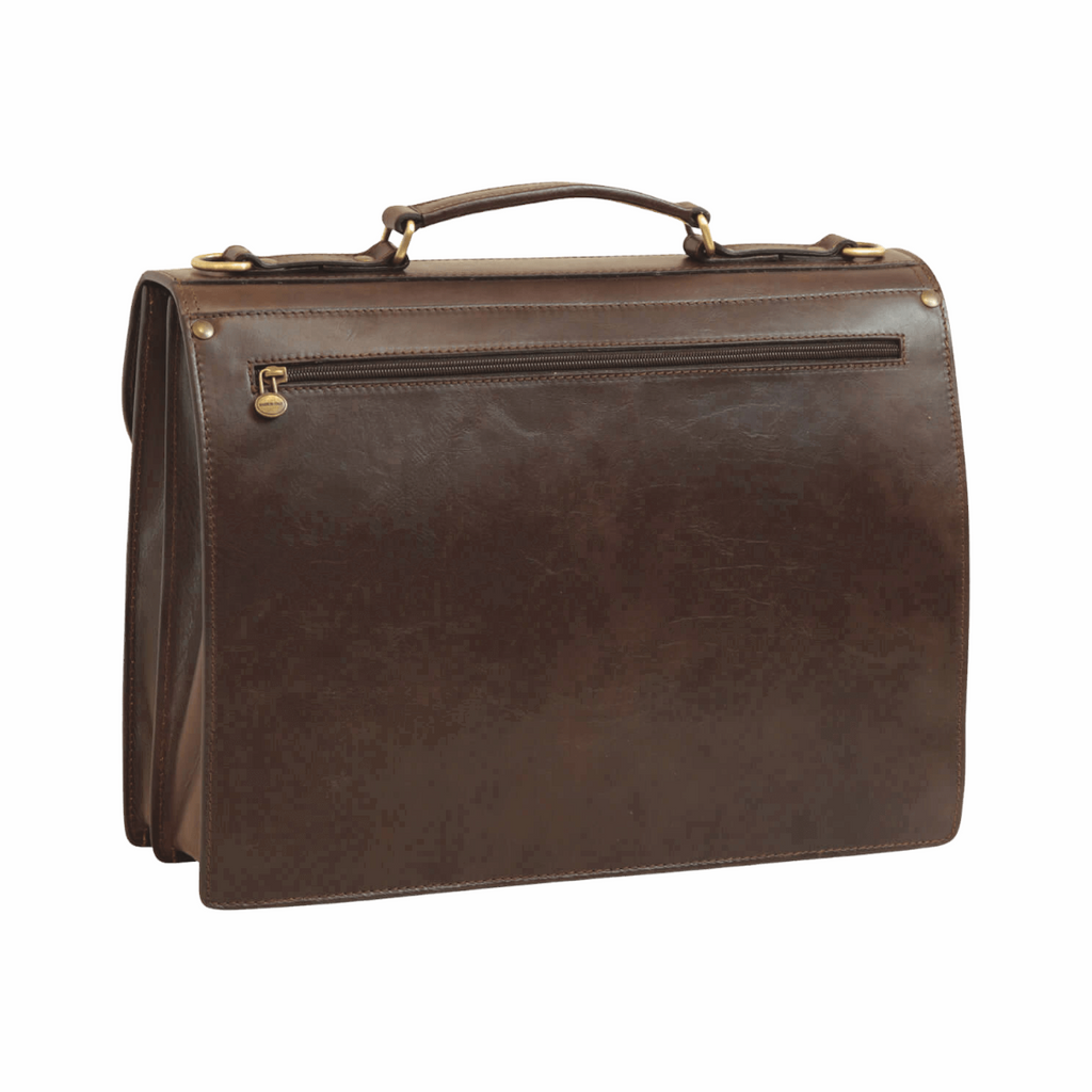 Borsa in pelle marrone scuro con maniglie superiori e tasca con cerniera