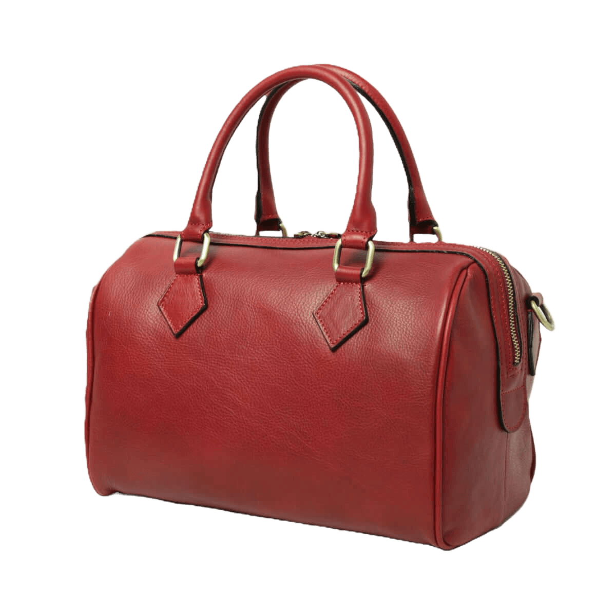 Bauletto in pelle rossa con due manici, targhette decorative e tasche laterali.