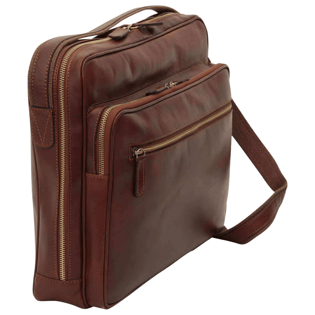 Borsa messenger in pelle marrone con chiusure a zip e tracolla laterale