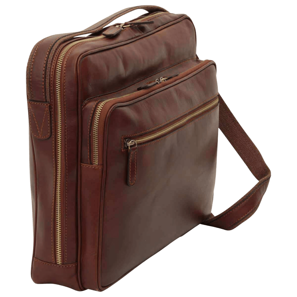 Borsa messenger in pelle marrone con chiusure a zip e tracolla laterale