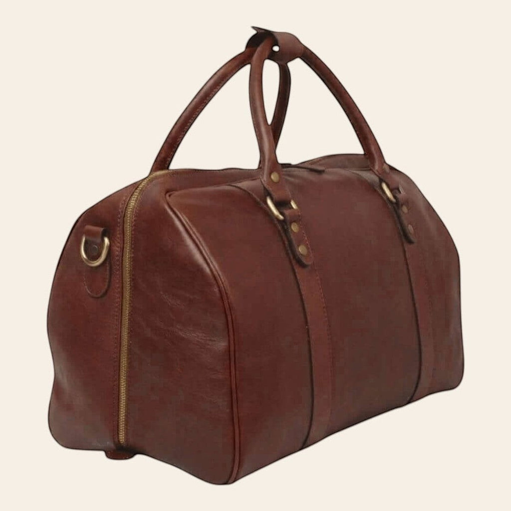 Bolsa de viaje de piel de becerro plena flor marrón, con asas y cierre central de cremallera