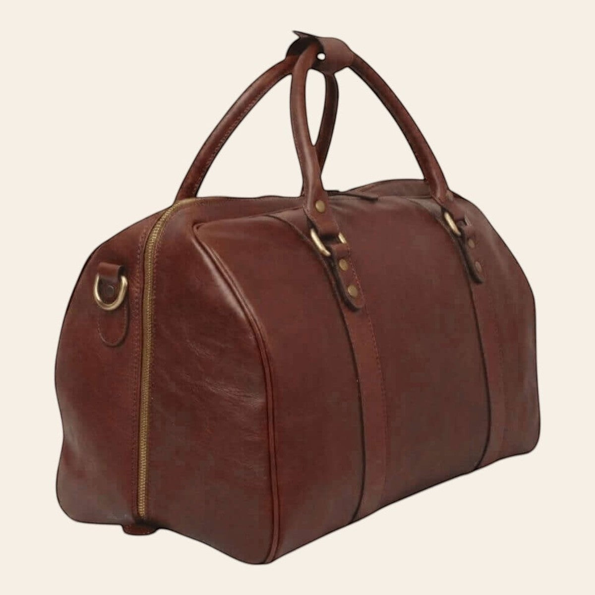 Bolsa de viaje de piel de becerro plena flor marrón, con asas y cierre central de cremallera