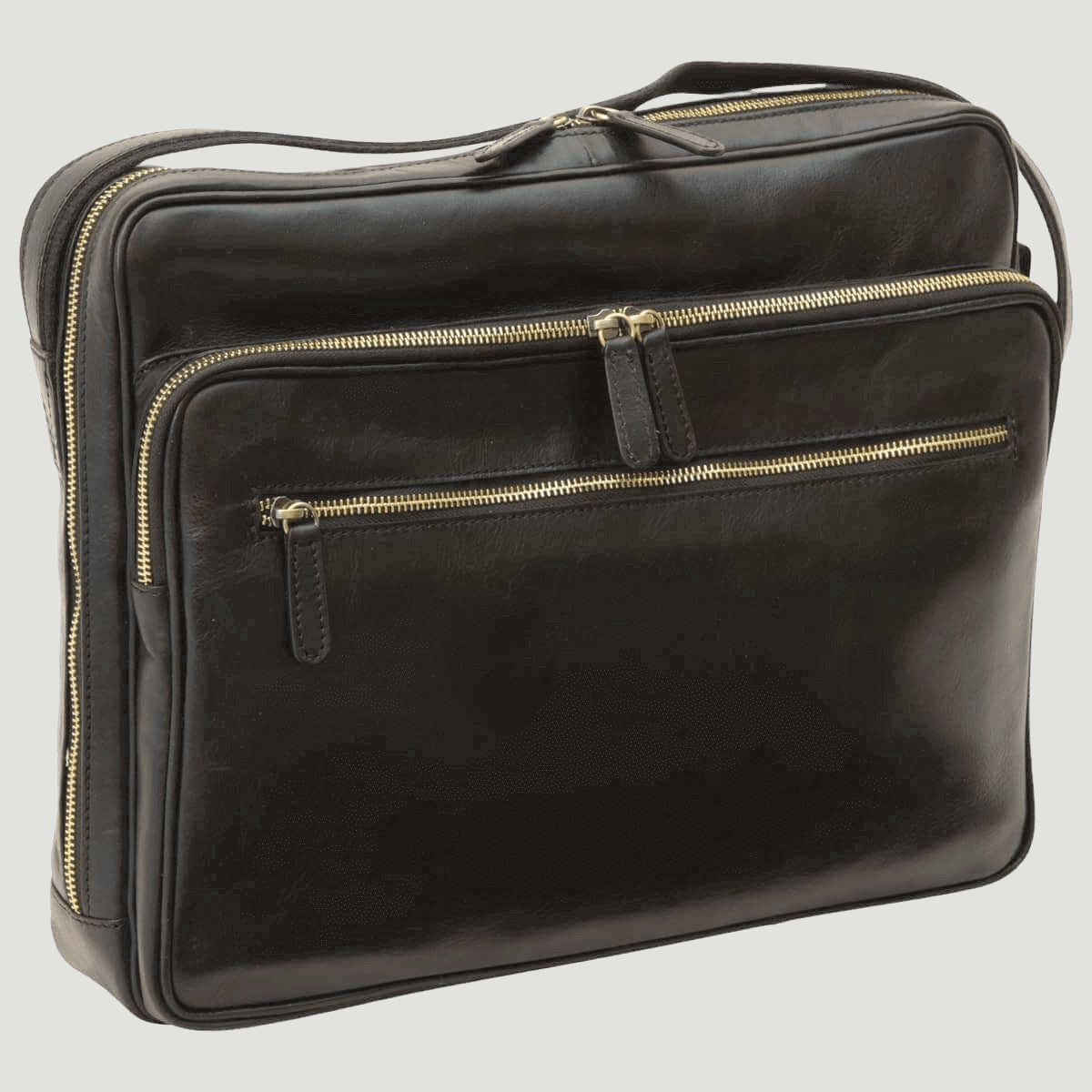 Borsa a tracolla grande in pelle nera con chiusura a zip e tasca frontale
