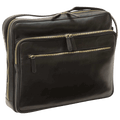 Borsa messenger in pelle nera con chiusura a zip e tasca frontale.