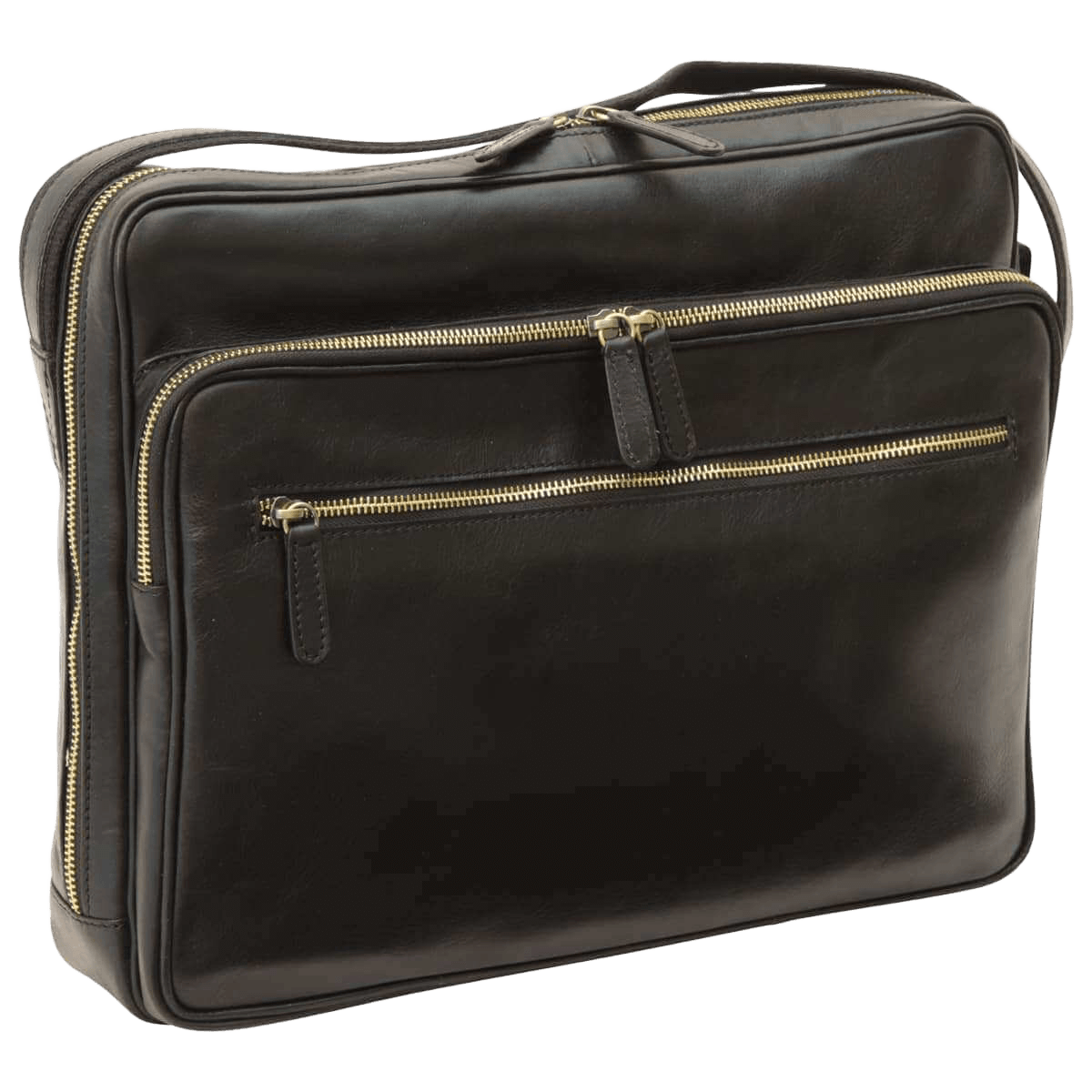 Borsa messenger in pelle nera con chiusura a zip e tasca frontale.