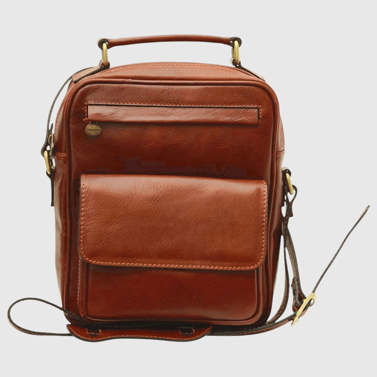 Borsa a tracolla in pelle marrone con tasca frontale e maniglia superiore