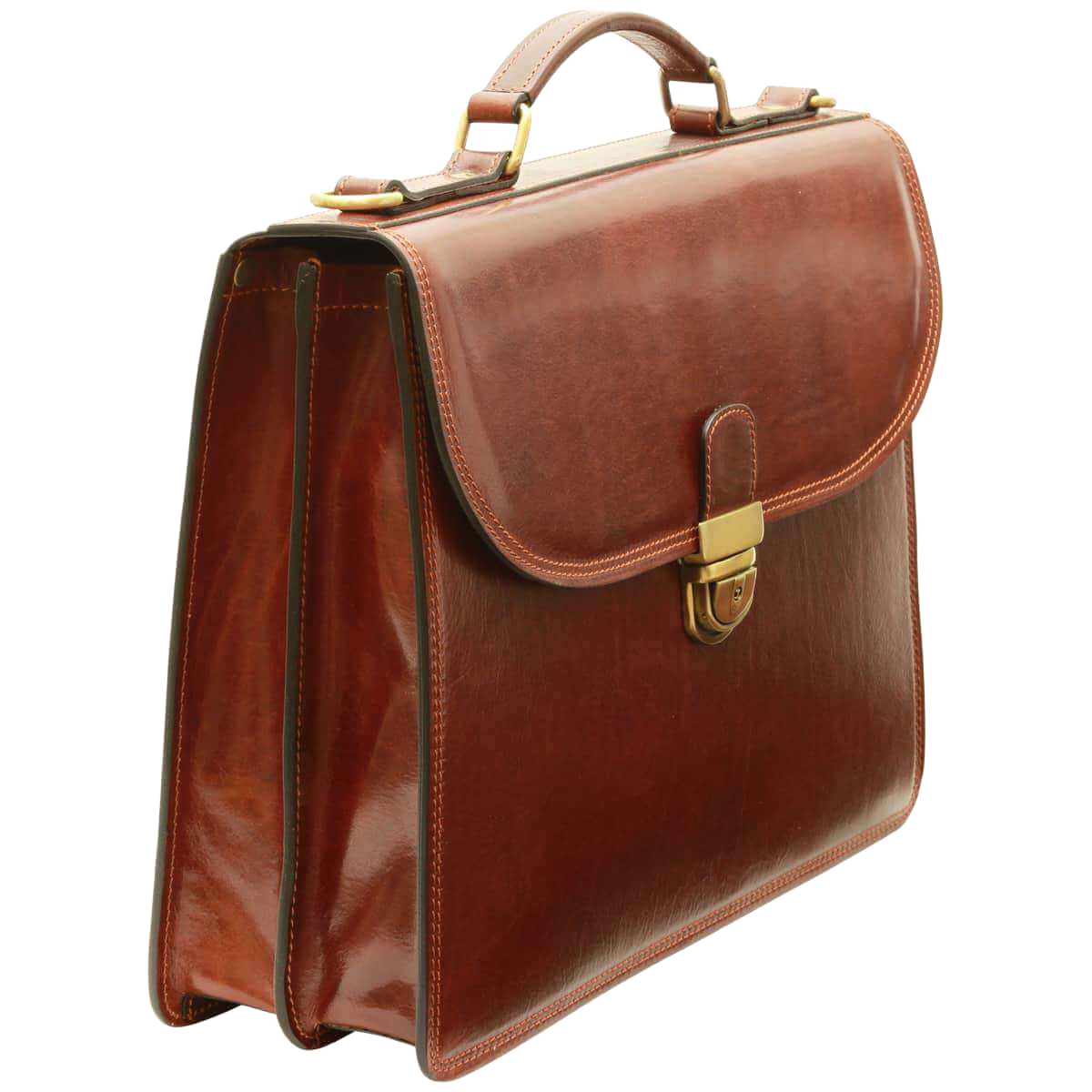 Cartella in vacchetta marrone Old Angler vista laterale con patta e chiusura a fibbia