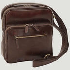 Borsa messenger piccola in pelle marrone scuro con zip e tracolla regolabile