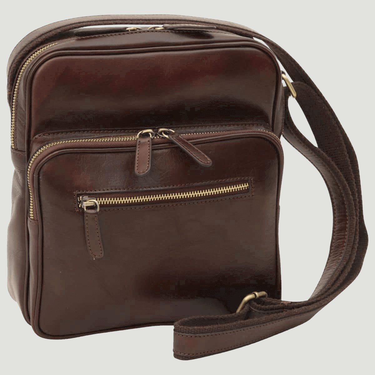 Borsa messenger piccola in pelle marrone scuro con zip e tracolla regolabile