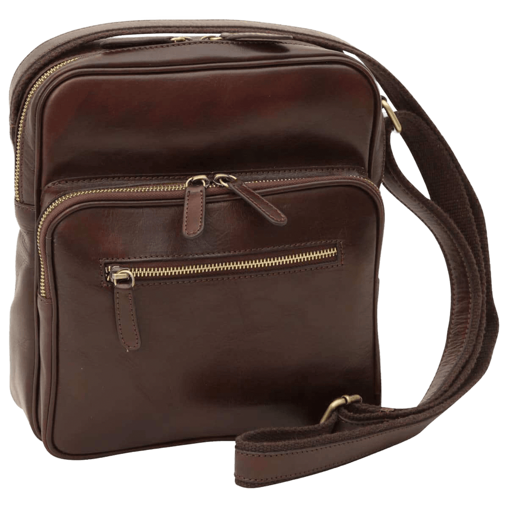 Borsa messenger marrone scuro piccola in pelle con chiusura a zip frontale e tracolla