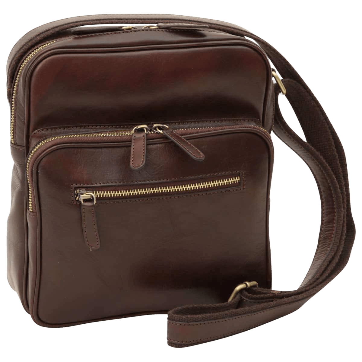 Borsa messenger marrone scuro piccola in pelle con chiusura a zip frontale e tracolla