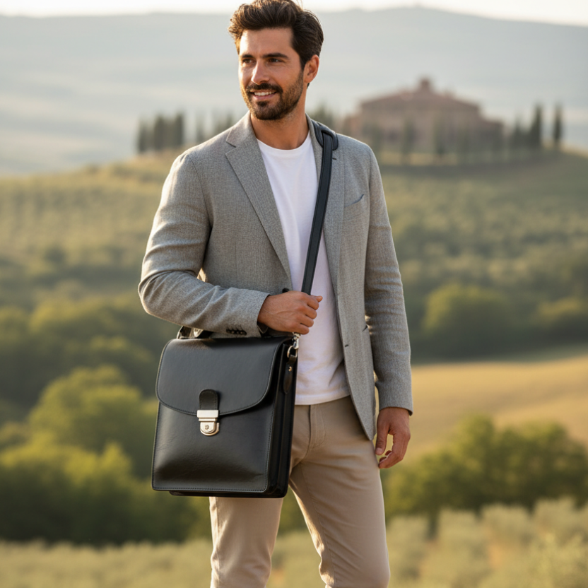 Borsa a tracolla in pelle verde scuro con patta e fibbia metallica