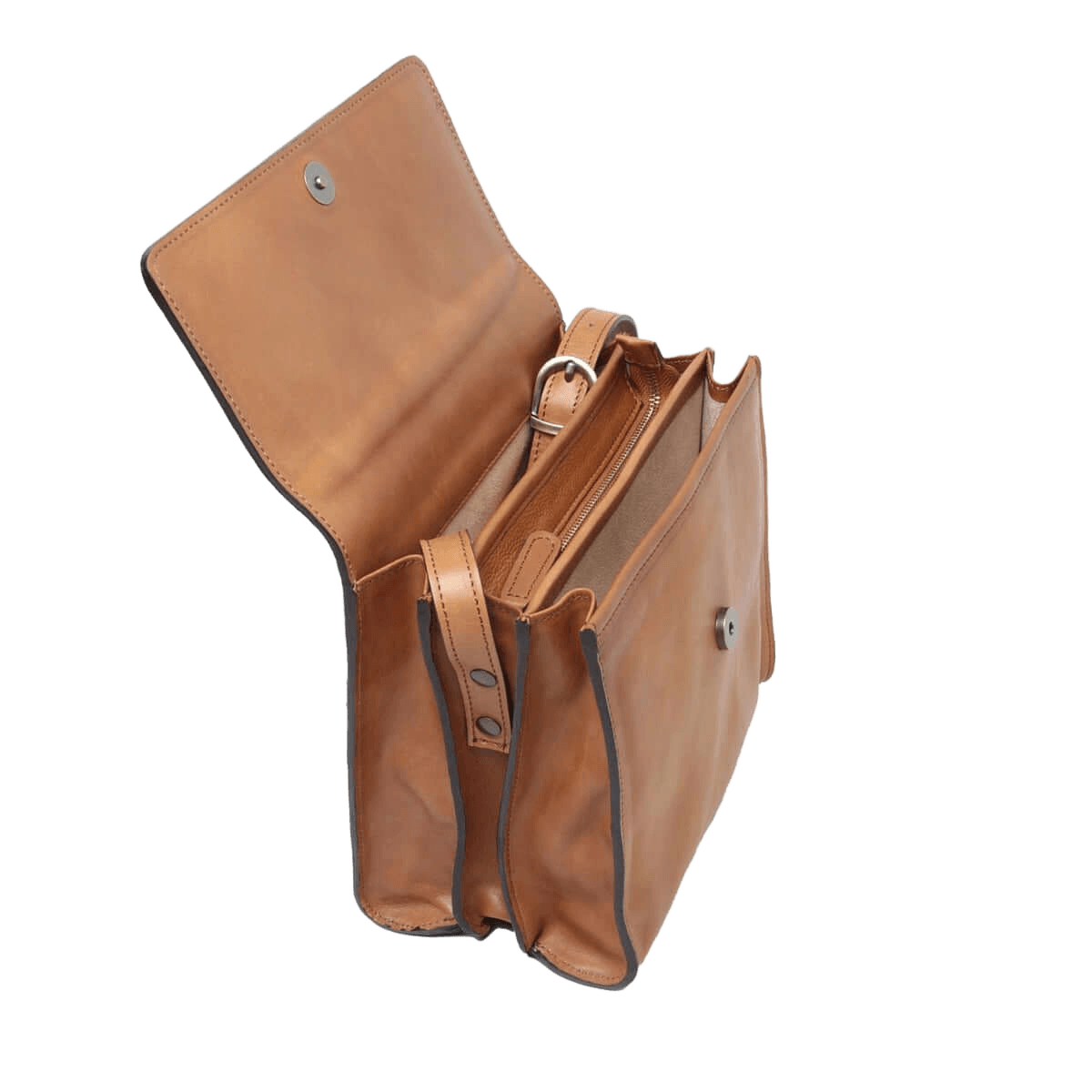 Borsa a tracolla in pelle cuoio con tasca interna e chiusura a fibbia.