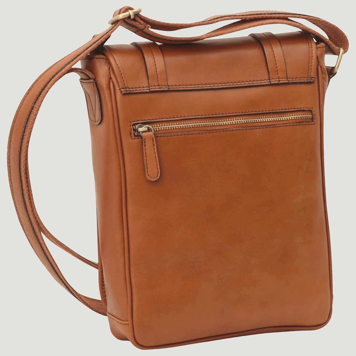 Messenger in pelle arancione con tasca frontale con zip e tracolla regolabile