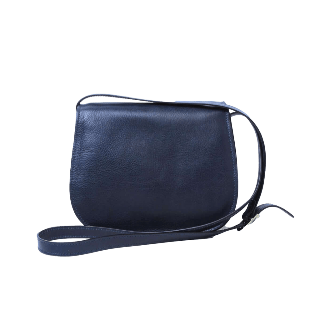 Borsa a tracolla in pelle blu scuro con patta e chiusura superiore