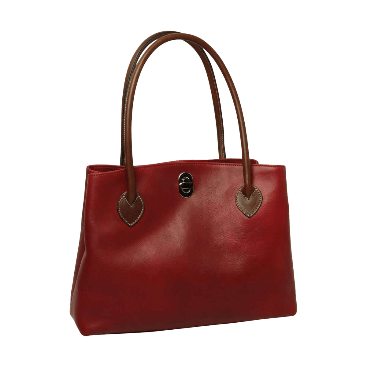 Borsa da donna in pelle bicolore rossa con manici marroni e chiusura centrale