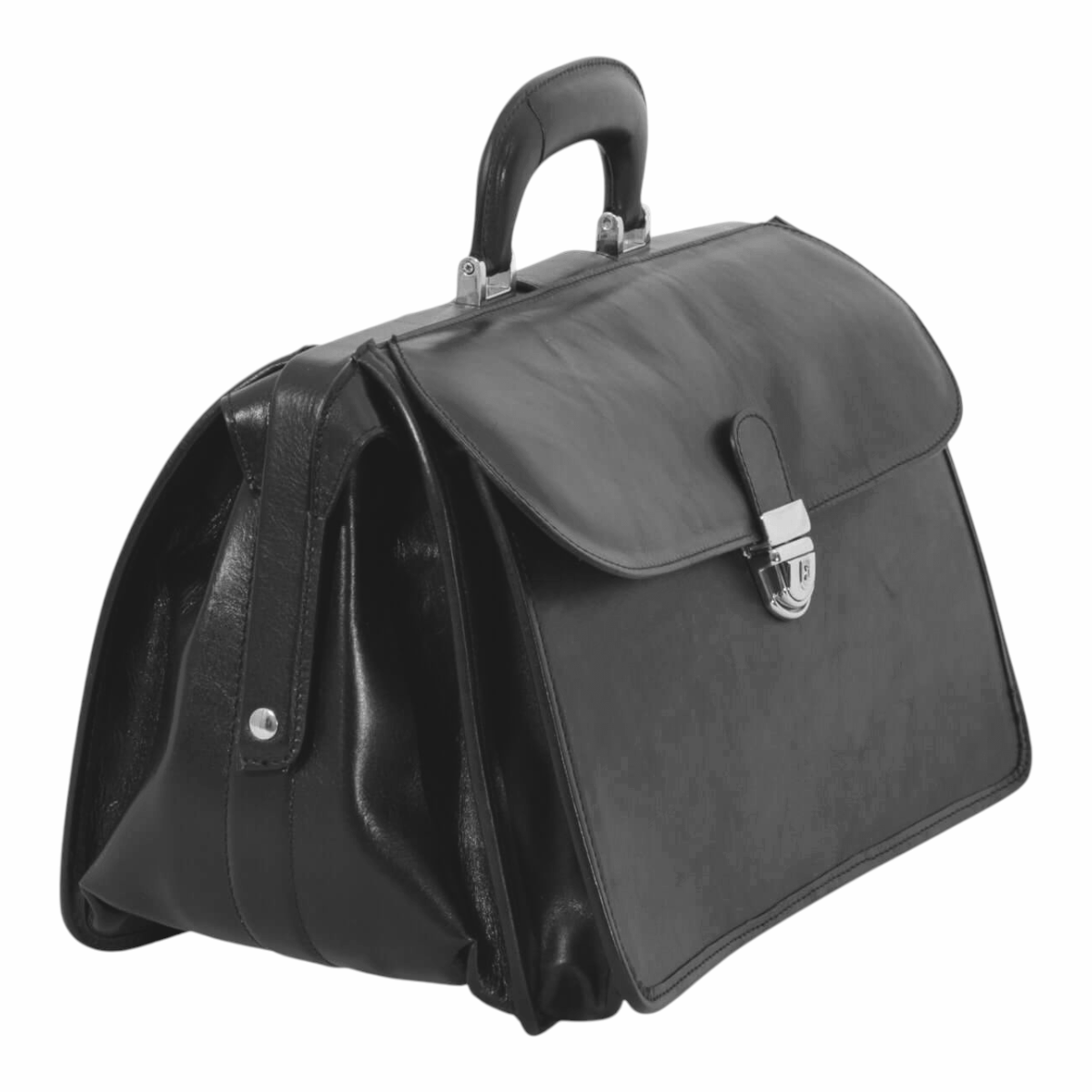 Borsa da medico in pelle nera di lato, pattina e fibbia in metallo
