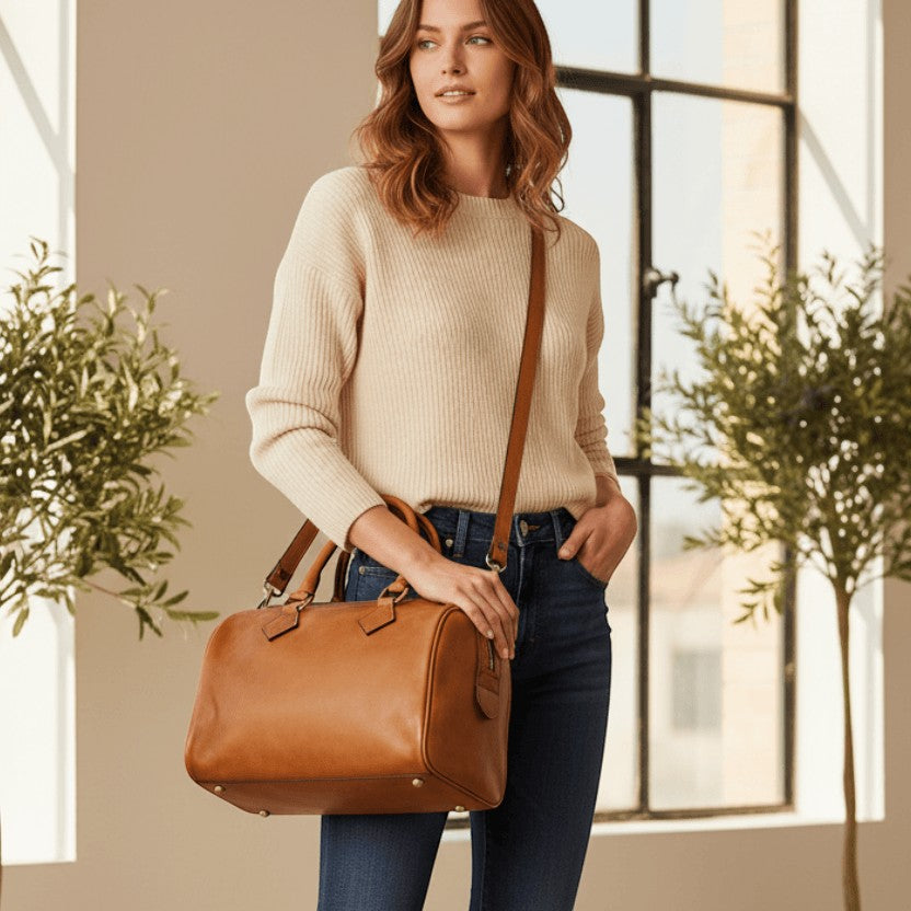 Bauletto in pelle marrone con due manici e tracolla, chiusura con zip