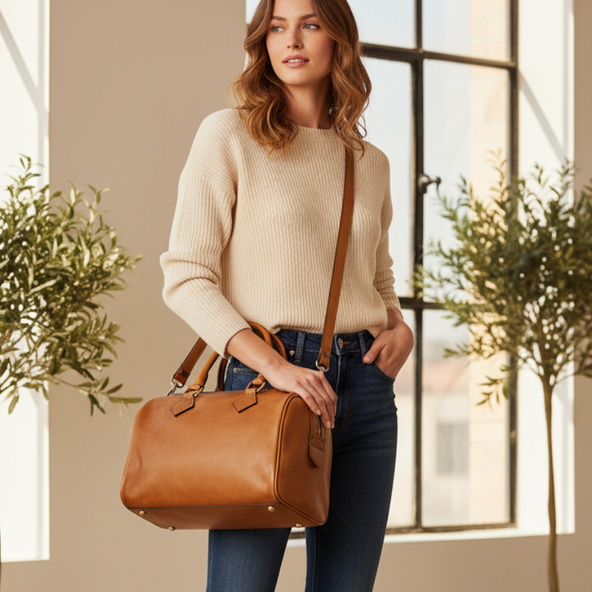 Bauletto in pelle color cuoio con due manici e tracolla, tenuto a mano