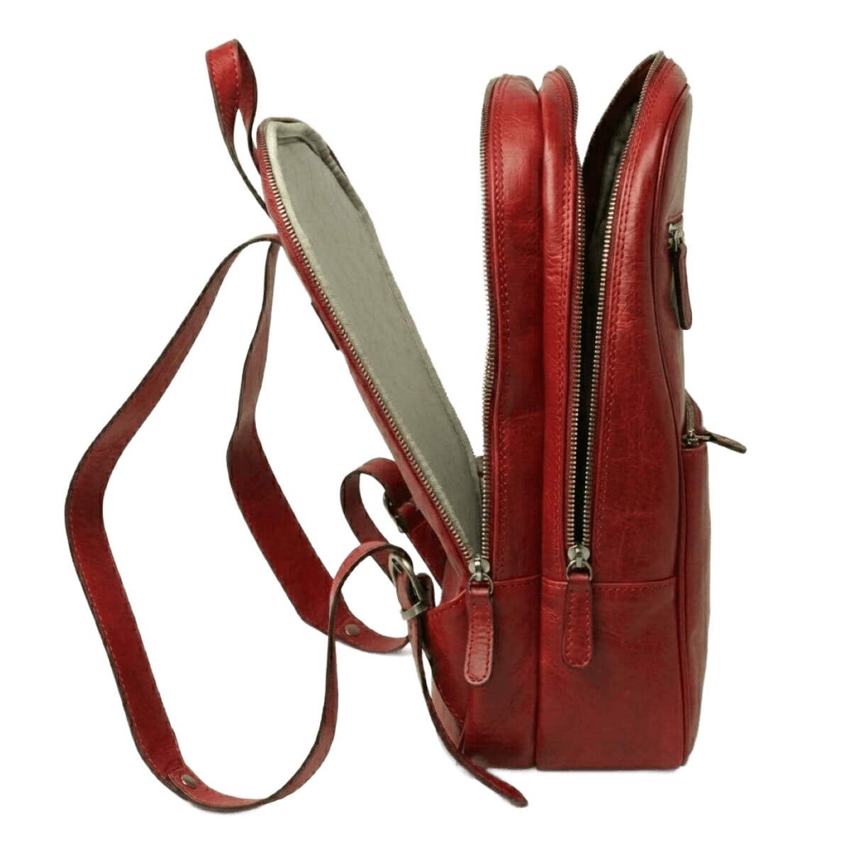 Zaino in pelle rossa con tasca frontale con zip e tracolla regolabile