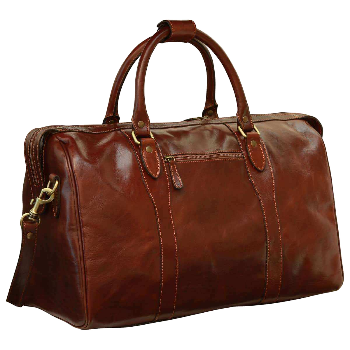 Borsa da viaggio in pelle marrone con manici e cerniera frontale