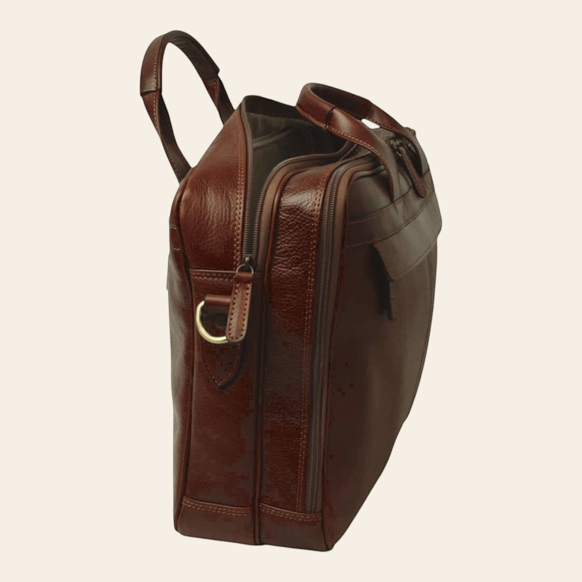 Borsa in pelle marrone per laptop con manico alto e tasca con zip laterale