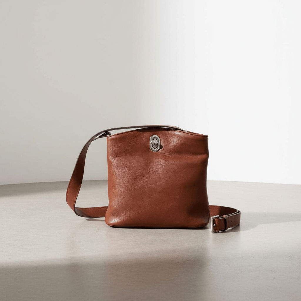 Borsa a secchiello in pelle marrone con tracolla regolabile e fibbia