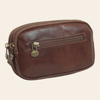 Borsello da cintura marrone in pelle con doppia zip e fibbie in ottone