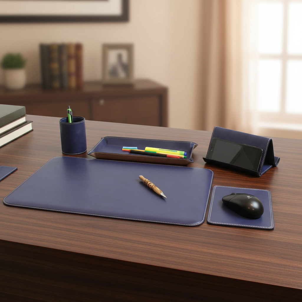 Set da scrivania in pelle blu cobalto con tappetino, porta penne e supporto