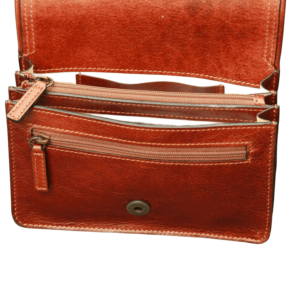 Pochette in pelle marrone con tasca frontale e cerniere multiple, chiusura a bottone