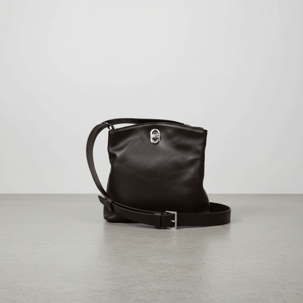 Borsa a secchiello in pelle marrone scuro con tracolla e fibbia metallica laterale